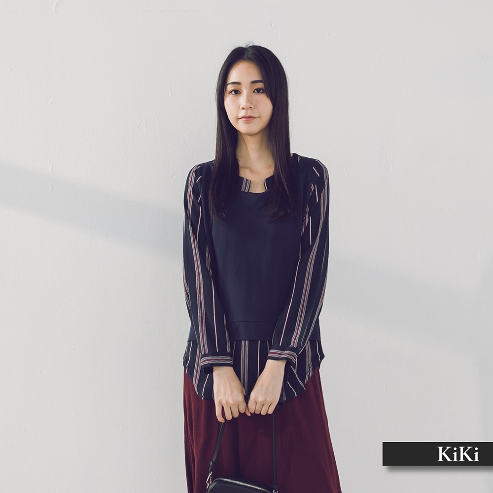 【KiKi】簡約上班族條紋拼接-上衣(深藍色/版型適中)