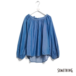 SOMETHING 泡泡袖圓領長袖襯衫-女-拔淺藍