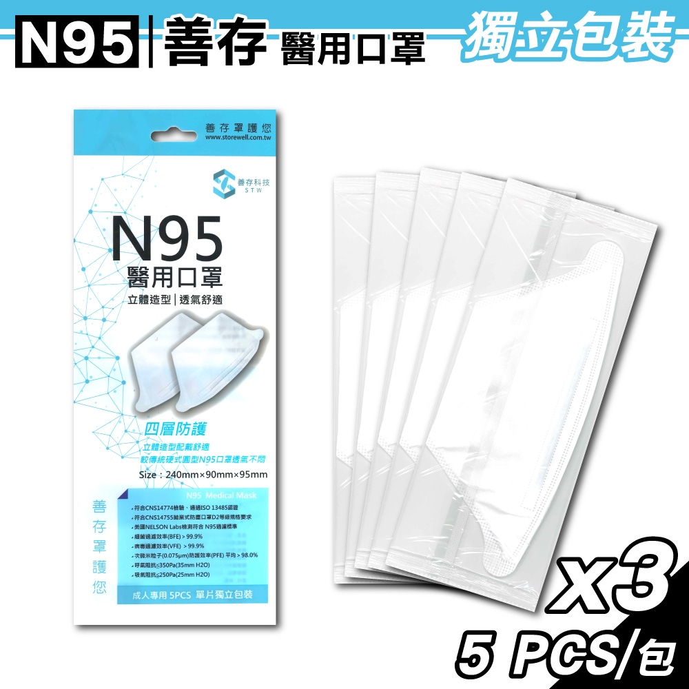 善存 成人N95立體醫用口罩 (鴨嘴型) 5入/包X3
