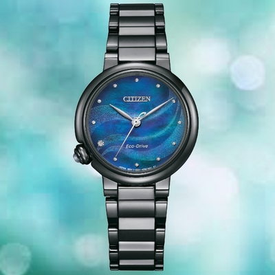 CITIZEN 星辰 L系列 光動能不鏽鋼白蝶貝真鑽淑女腕錶-藍黑30mm EM0915-86N 防水50米