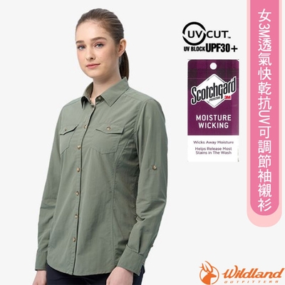 荒野 WildLand 女 3M透氣快乾抗UV可調節袖襯衫.抗紫外線.透氣快乾_鼠尾草綠