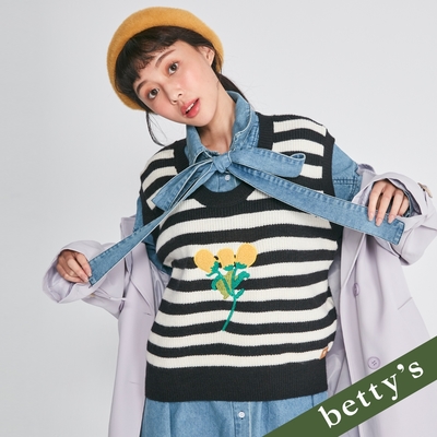 betty’s貝蒂思 毛巾小花刺繡橫條紋毛衣背心(黑色)