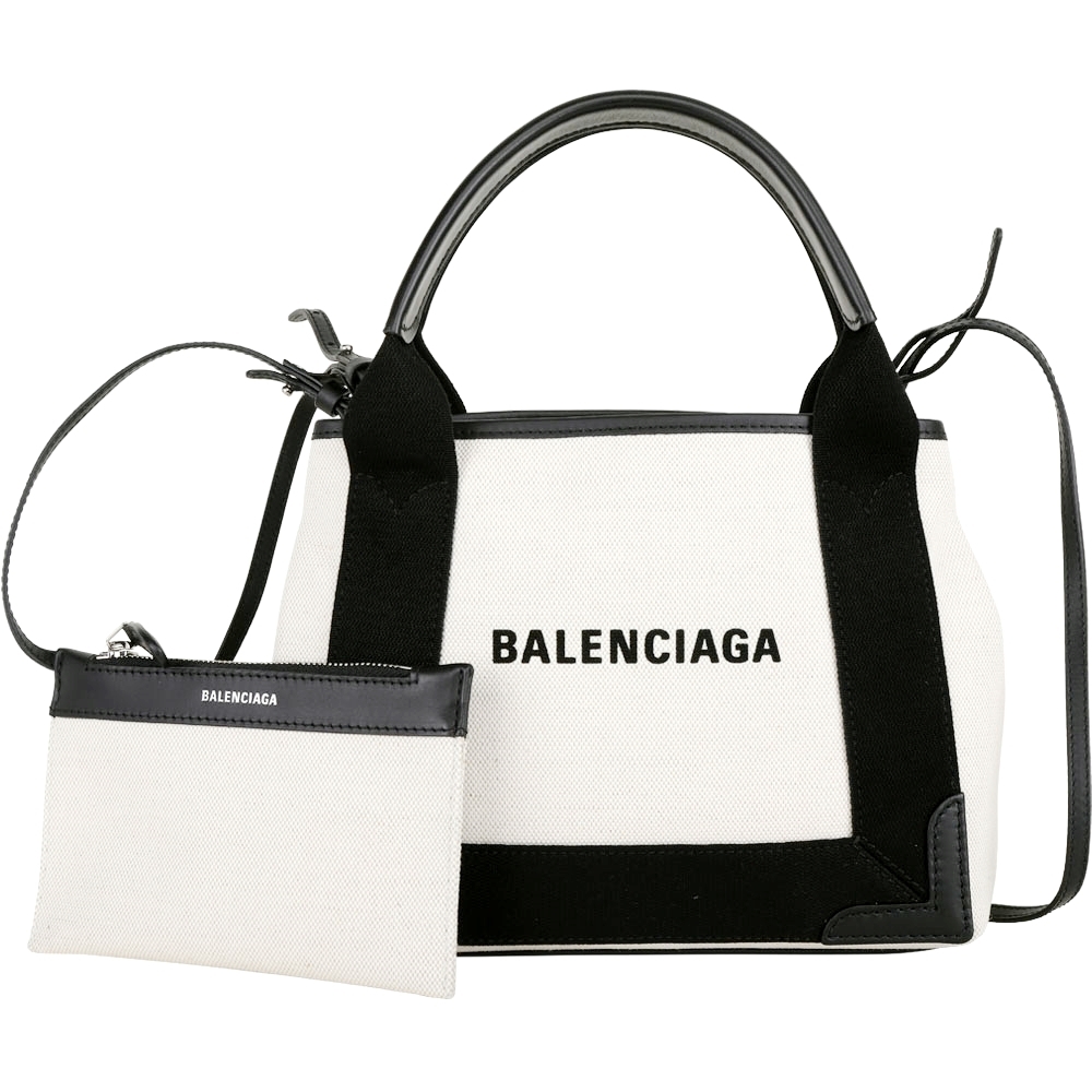 BALENCIAGA Navy Cabas XS 品牌字母帆布手提/肩背包(米白/附萬用包)