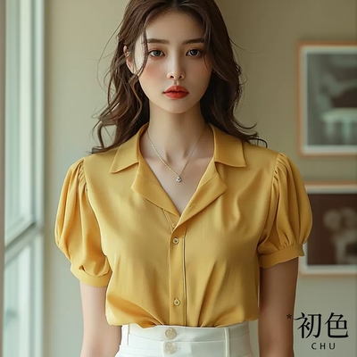 初色 清涼感簡約V領拼接泡泡袖短袖襯衫上衣女上衣-黃色-34033(M-2XL可選)