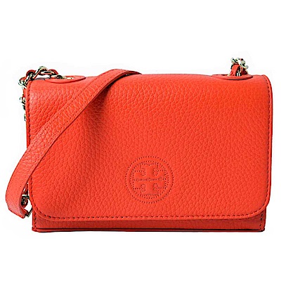 TORY BURCH BOMBE 縫線LOGO荔枝紋掀蓋式mini金屬鍊帶斜背包-珊瑚橘