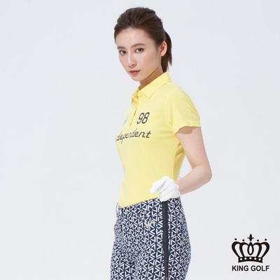 【KING GOLF】女款數字字母造型印圖POLO衫/高爾夫球衫-黃色
