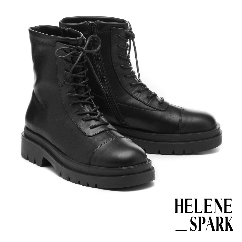 短靴 HELENE_SPARK 率性街頭感彈力拼接牛皮綁帶厚底短靴－黑