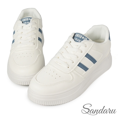 山打努SANDARU-休閒鞋 透氣綁帶雙槓厚底小白鞋-白藍