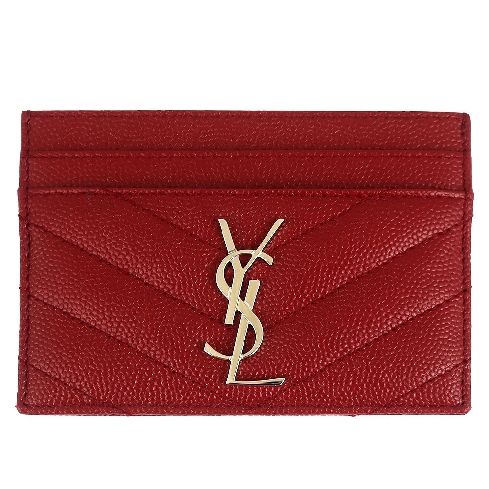 YSL MONOGRAM 紅色V型縫線珍珠紋牛皮金LOGO名片夾(5卡)