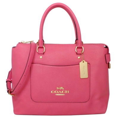 COACH螢光粉荔枝紋全皮前口袋手提/斜背托特包