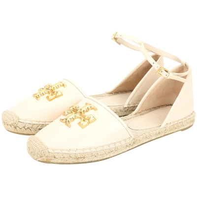 TORY BURCH Eleanor 雙T滾邊漆皮牛皮繫帶草編鞋(米色)