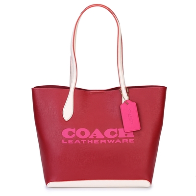 COACH Kia 經典大LOGO撞色拼接荔枝紋皮革肩背托特包-紅/白色