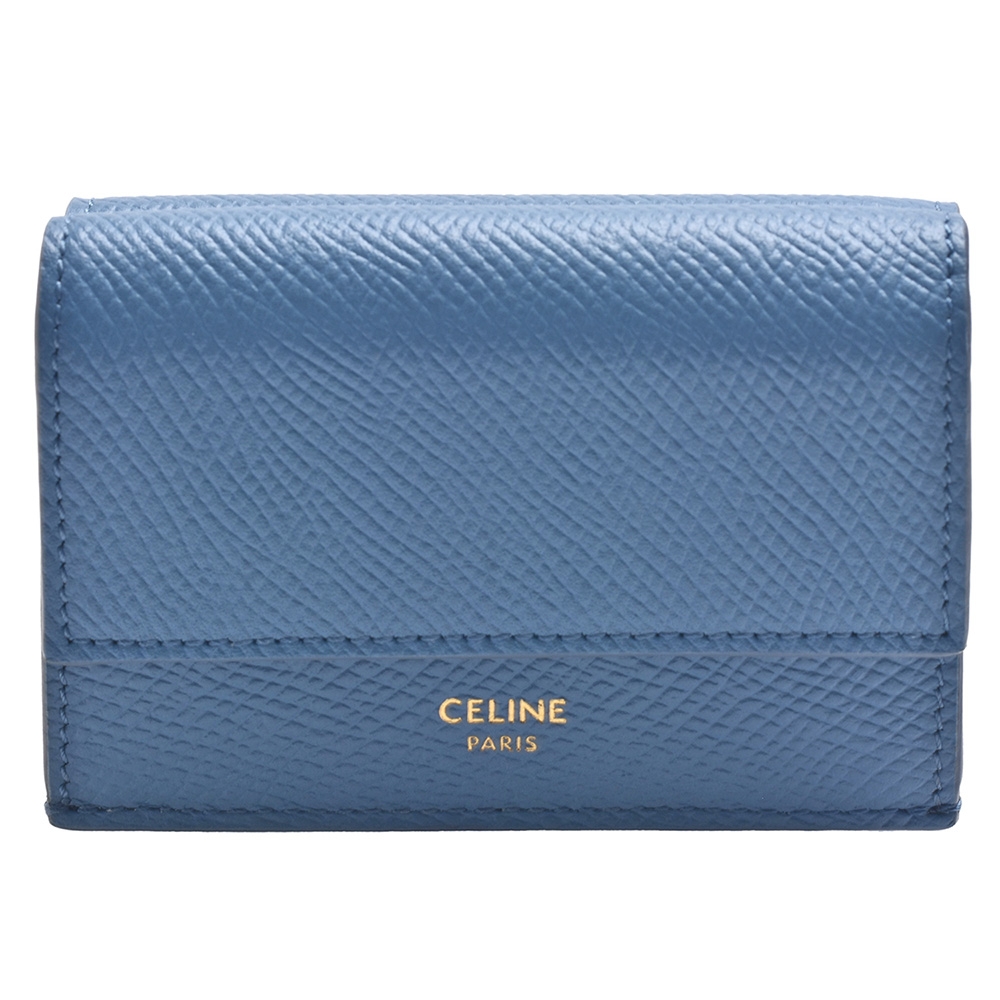 CELINE 經典燙金品牌LOGO小牛皮暗釦三折短夾(天藍色)