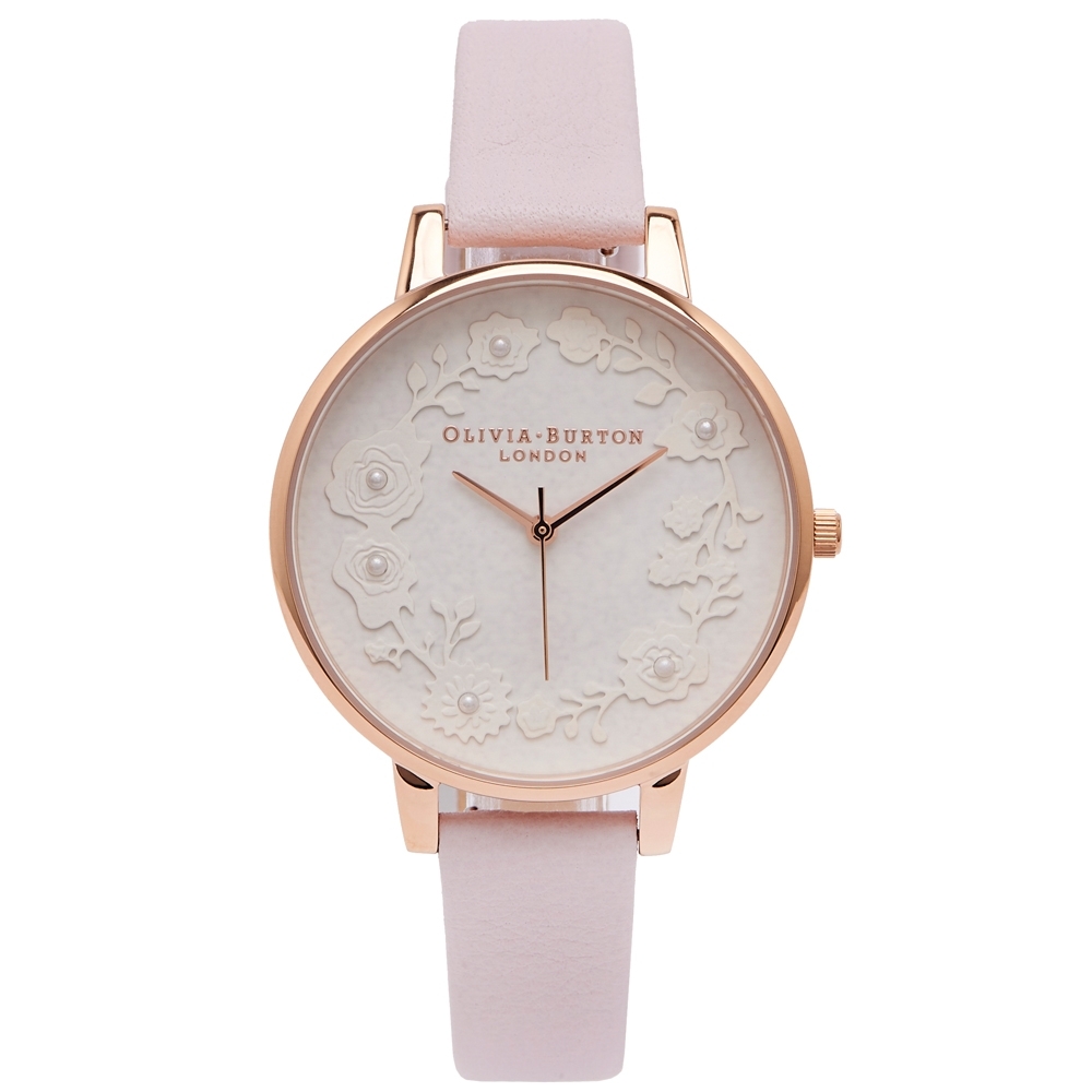 Olivia Burton  純潔浮雕花朵風皮革手錶(OB16AR01)-白面/38mm