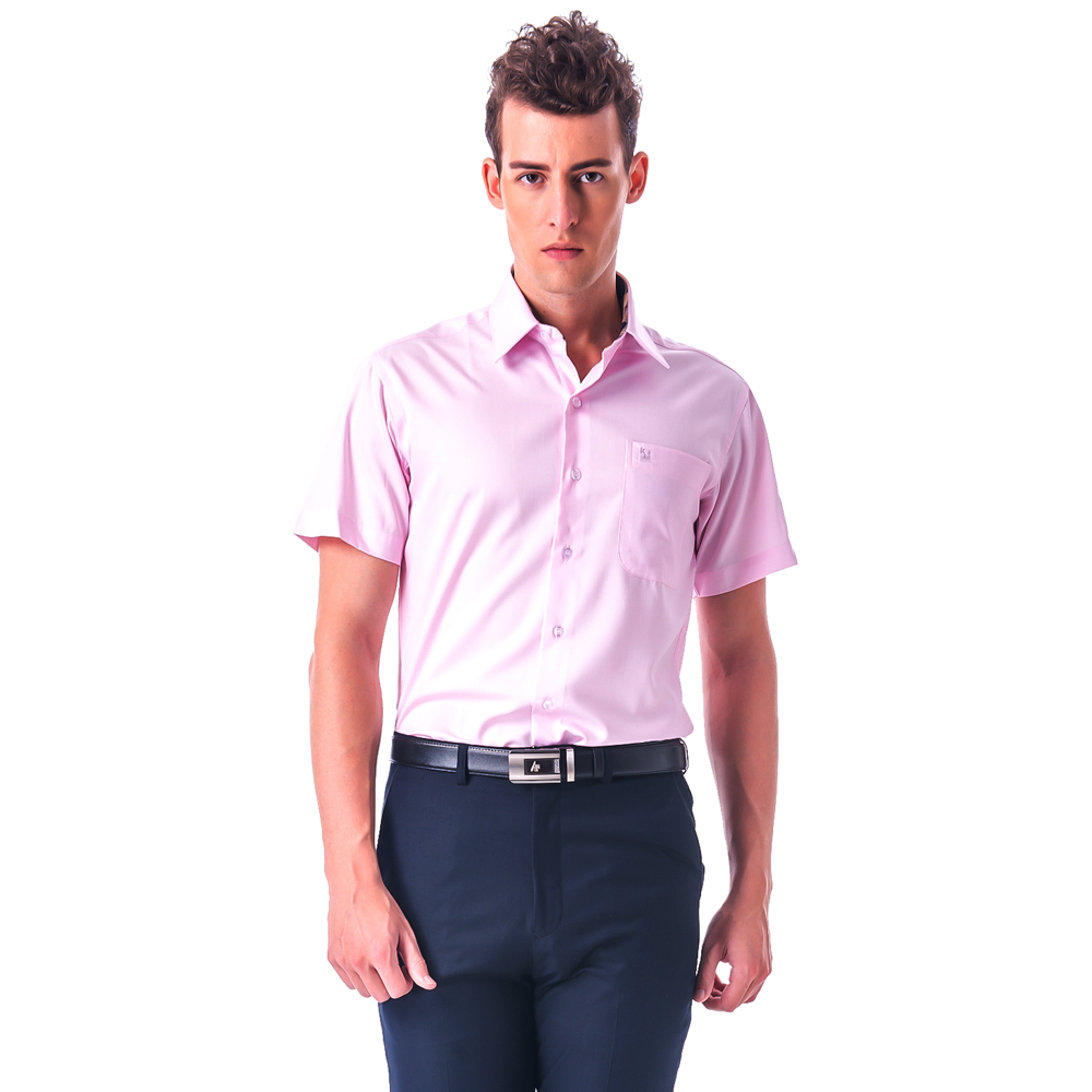 金安德森 經典格紋繞領粉色窄版短袖襯衫fast