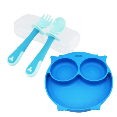 兒童矽膠餐盤-貓頭鷹-深海藍X1入+矽膠兒童學習叉匙組-湖水藍X1組
