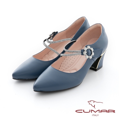 【CUMAR】尖頭腳背帶鑽飾條裝飾粗跟鞋-藍