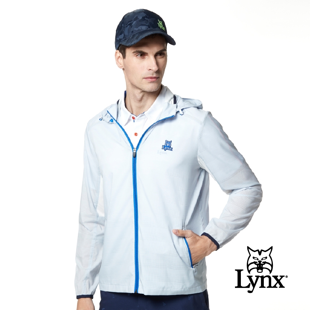 【Lynx Golf】男款素面山貓織標輕量網狀透氣可拆式連帽長袖外套-淺灰色