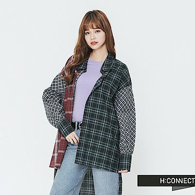 H:CONNECT 韓國品牌 女裝-格紋拼接長版襯衫-黑