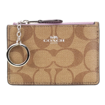 COACH LOGO緹花PVC鑰匙零錢夾(卡其茉莉花紫)