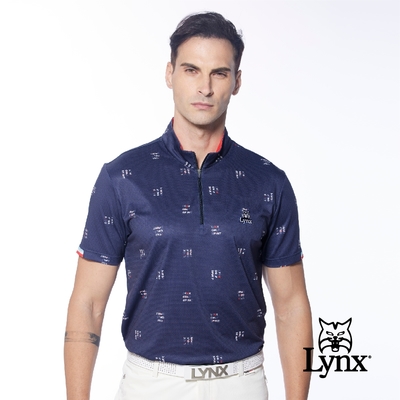 【Lynx Golf】男款吸汗速乾合身版水波紋袖口造型設計短袖立領POLO衫/高爾夫球衫-深藍色