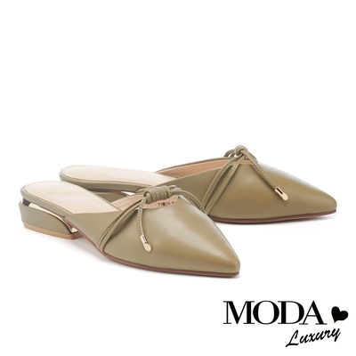穆勒鞋 MODA Luxury 純色羊皮綁帶造型尖頭低跟穆勒拖鞋－綠