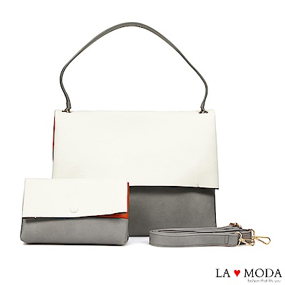 La Moda經典品牌Look設計款拼接撞色肩背斜背子母包(白/灰)