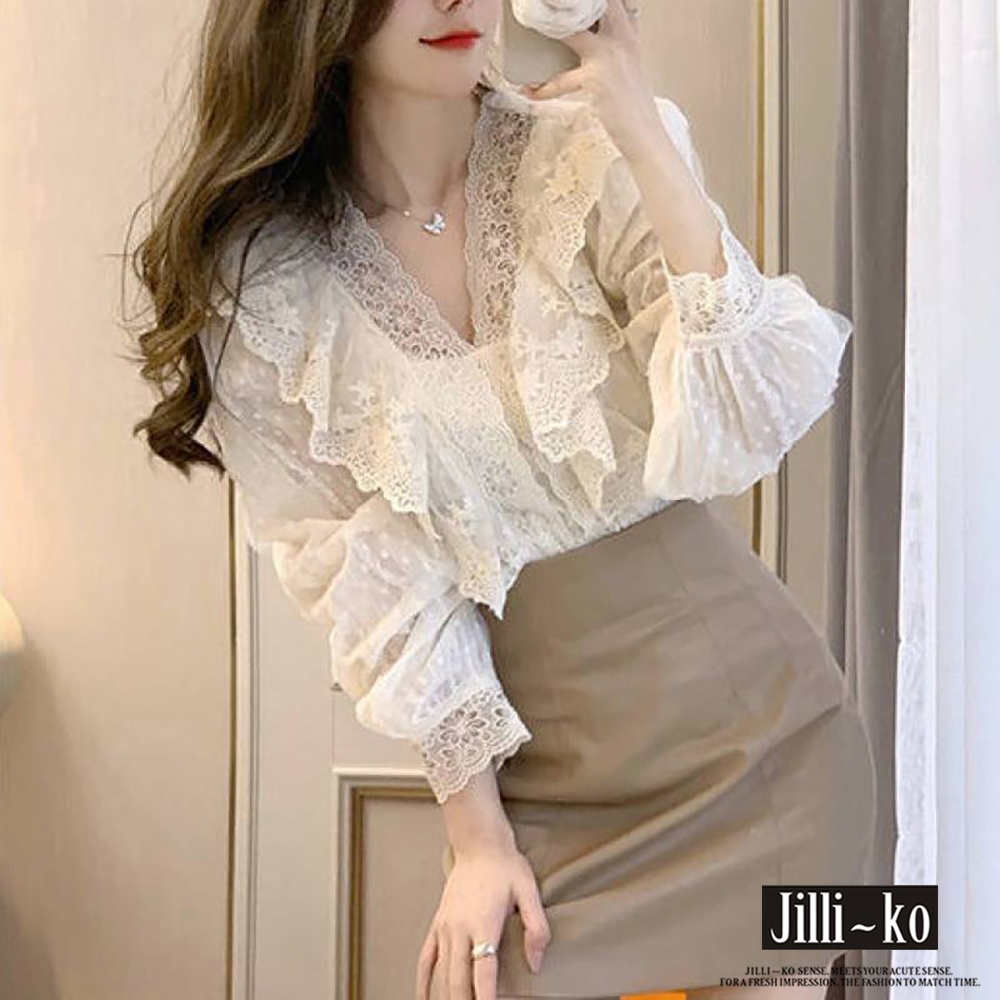 JILLI-KO V領荷葉邊荷葉邊蕾絲顯瘦拼接襯衫- 杏色