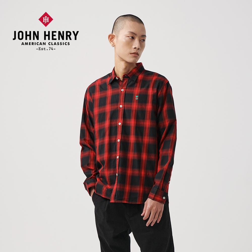 JOHN HENRY 經典格紋長袖襯衫-紅 (紅色)