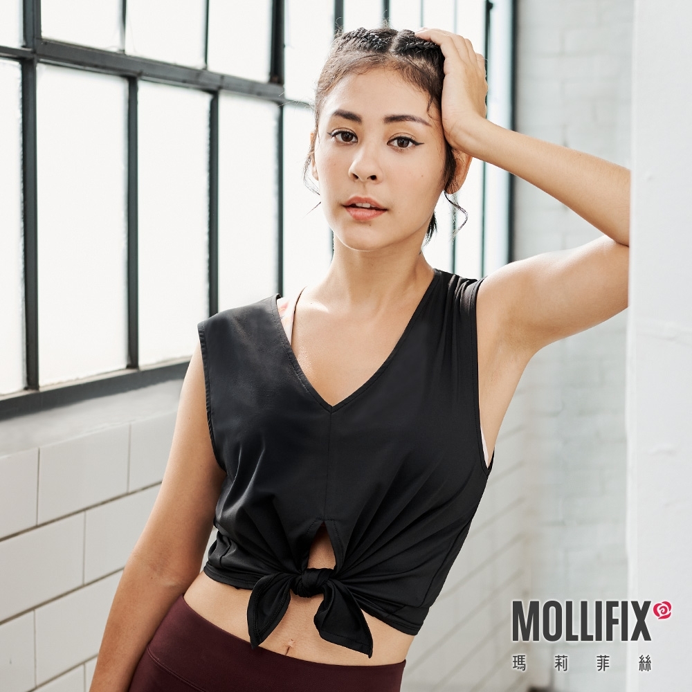 Mollifix 瑪莉菲絲 雙面穿綁結造型短版背心 (黑)
