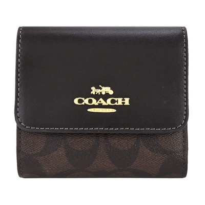 coach 立體馬車大logo拼接pvc三折短夾(黑x咖啡)