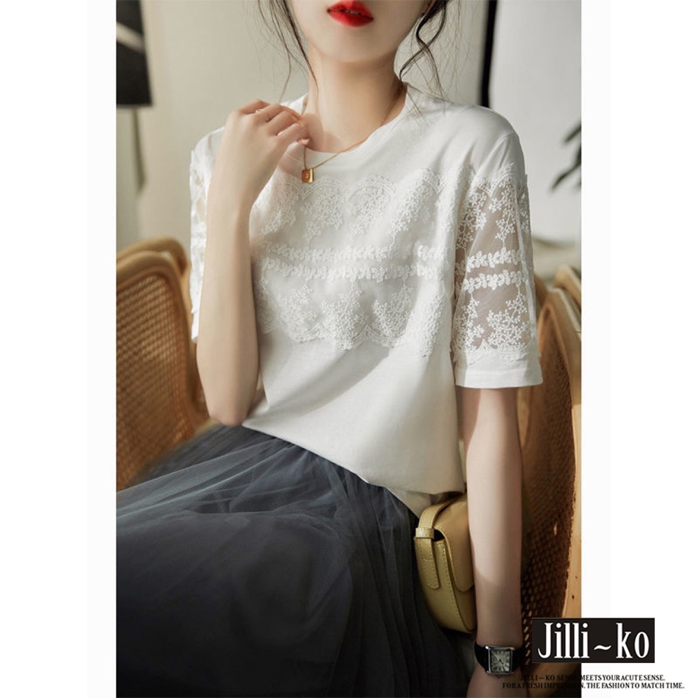 JILLI-KO 韓版氣質鏤空蕾絲拼接短袖上衣- 白色