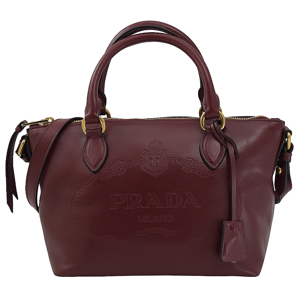 PRADA 復古大LOGO牛皮兩用拉鍊手提包(酒紅)