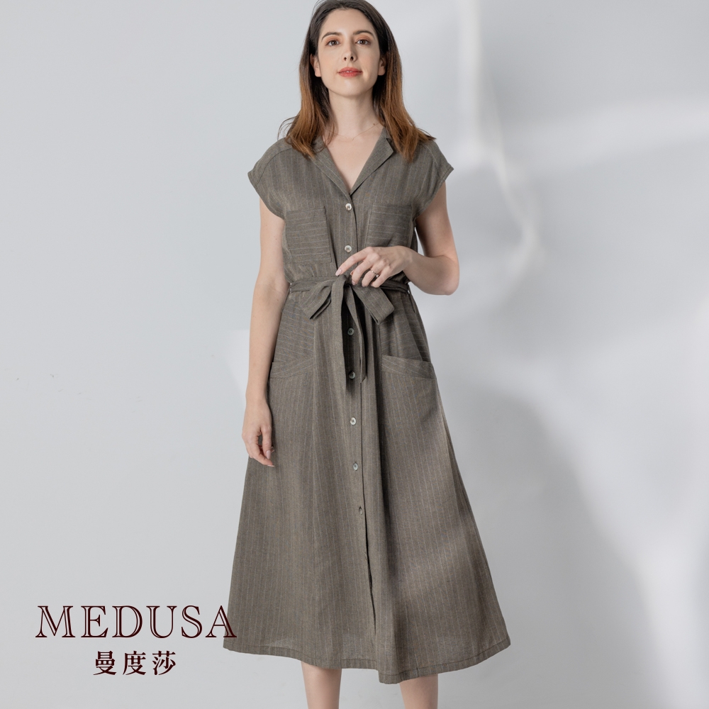 現貨【MEDUSA 曼度莎】大口袋翻領襯衫式綁帶洋裝（M-XL）｜洋裝 連身裙 綁帶洋裝