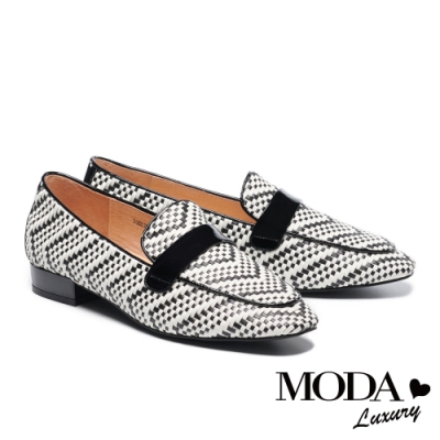 (季末換季出清)低跟鞋 MODA Luxury 復古清新漆皮條帶雙色編織樂福低跟鞋－黑