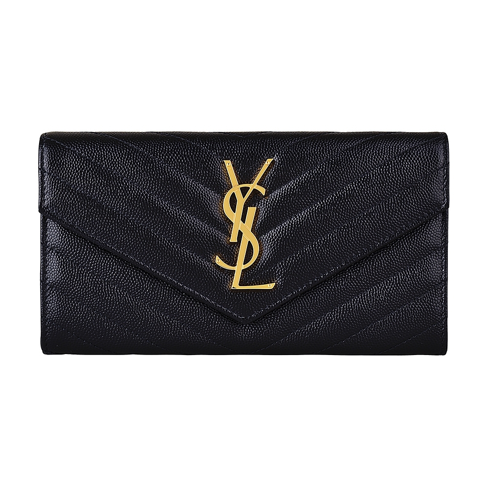 YSL SAINT LAURENT MONOGRAM 金字LOGO V字縫線設計牛皮12卡扣式長夾 (黑)