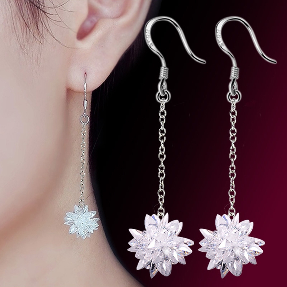 I.Dear飾品-正白K-冰雨花-韓國垂墜流蘇立體冰花水晶造型銀色耳勾耳環DB52