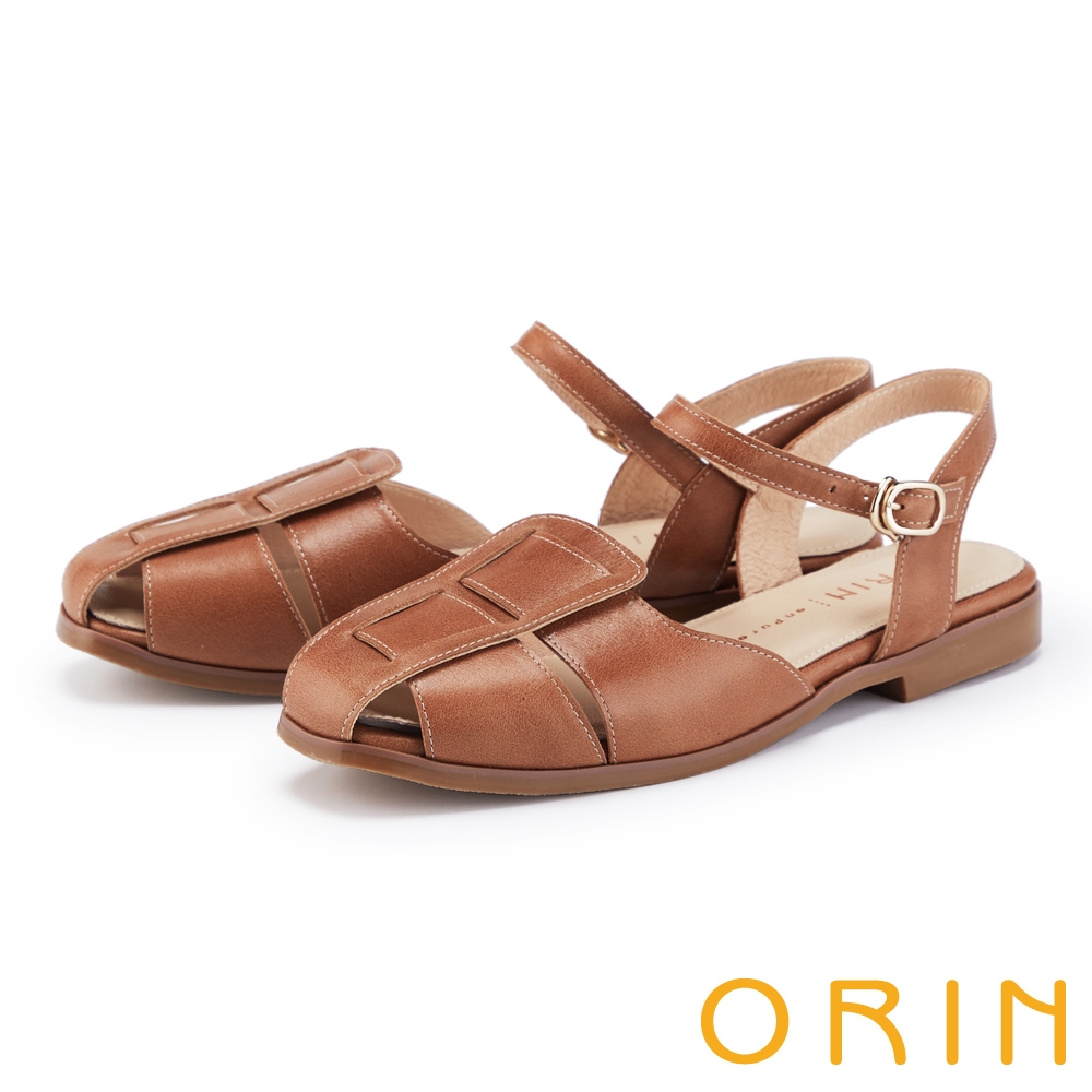 ORIN 寬版編織護趾真皮平底涼鞋 棕色 product image 1