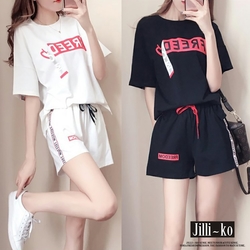 JILLI-KO 兩件套韓版夏季休閒運動服短褲套裝- 白/黑