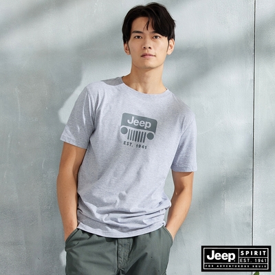 JEEP 男裝 LOGO圖騰純棉百搭短袖T恤-淺灰色