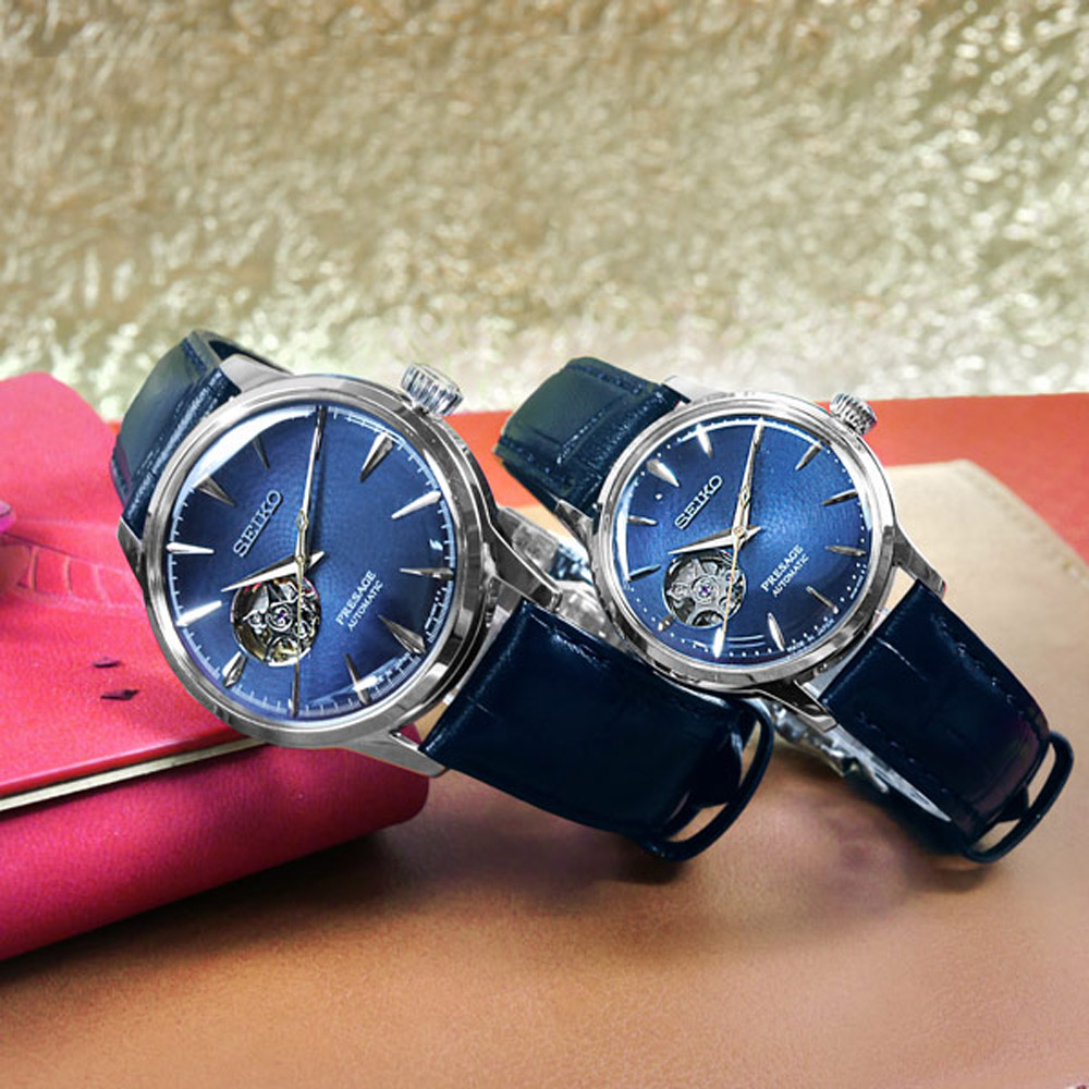 SEIKO 精工 PRESAGE 機械錶 自動上鍊 壓紋牛皮手錶 情人對錶-藍色/41mm+34mm