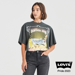 Levis Pride平權系列 女款 寬鬆長版短袖T恤 / 寬袖設計 / 彩虹稜鏡Logo / 彩虹旗標