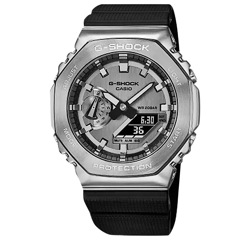 G-SHOCK CASIO 卡西歐 軍事風格 八角金屬 雙顯 防水 橡膠手錶-銀x黑色/45mm