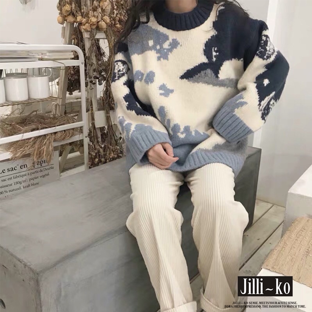 JILLI-KO 復古圖案寬鬆針織毛衣- 圖片色