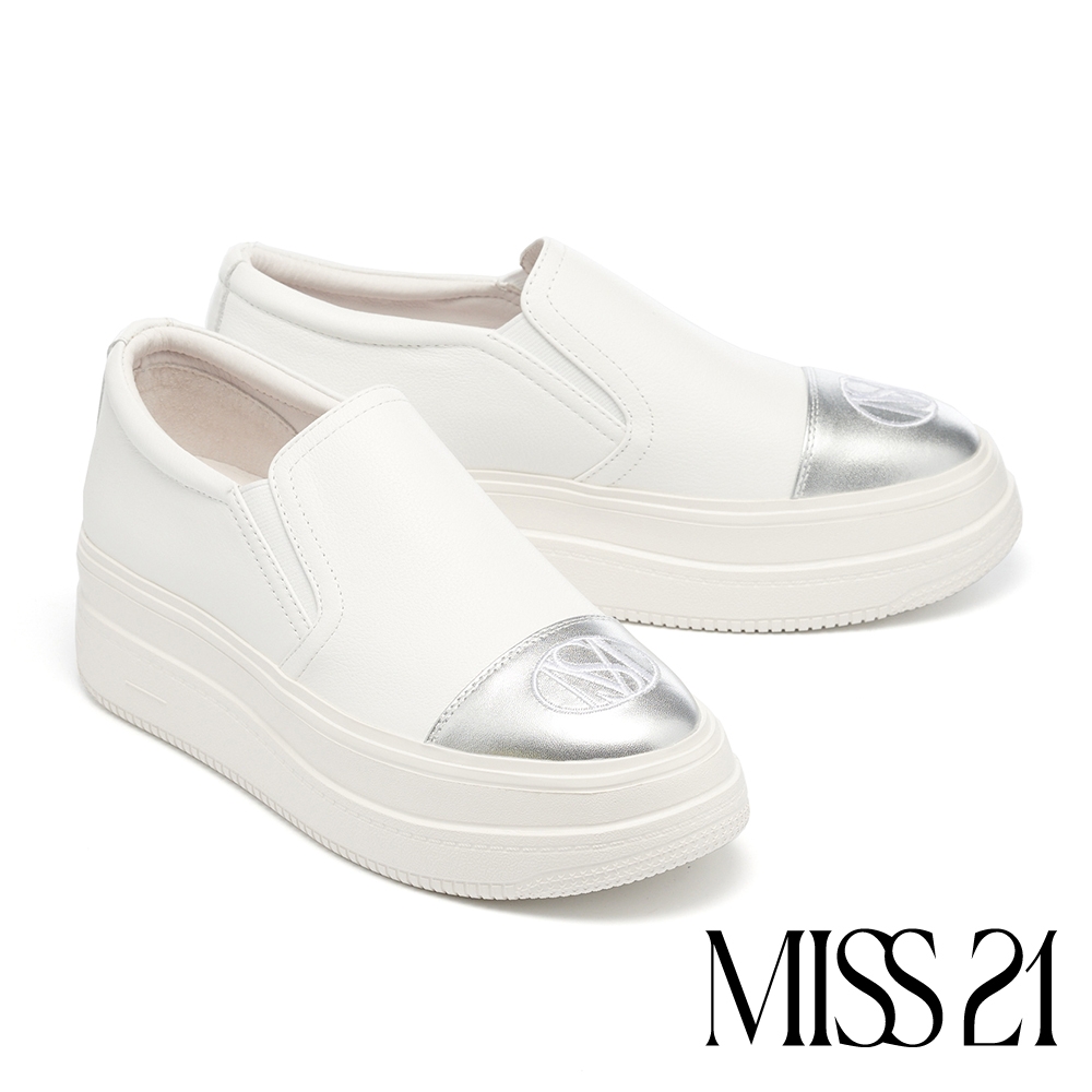 厚底鞋 MISS 21 率性前衛牛皮拼接大LOGO休閒厚底鞋－白