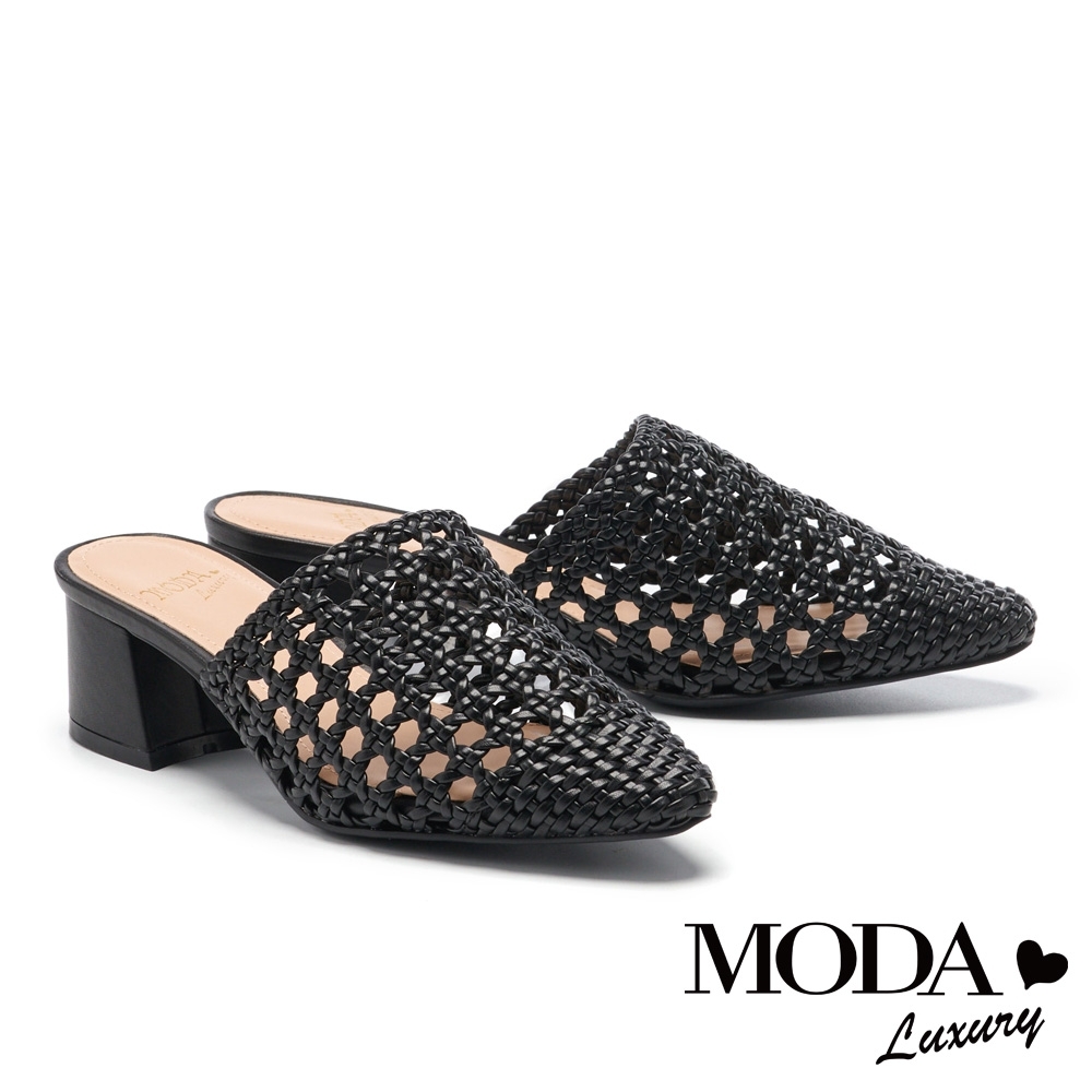 拖鞋 MODA Luxury 簡約質感鏤空編織穆勒粗高跟拖鞋－黑
