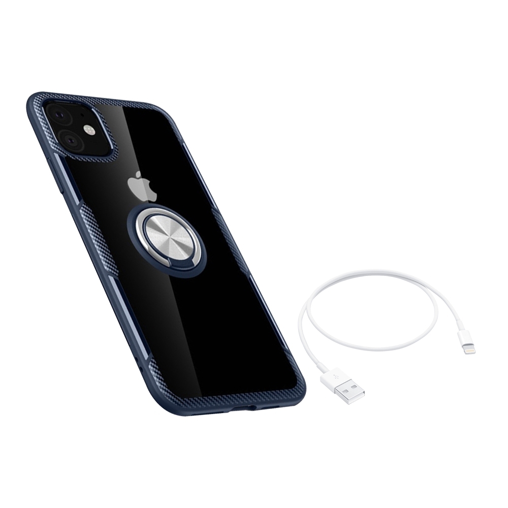 [買手機殼送充電線] iPhone 11 藍色款 360度旋轉 指環支架 軟邊 手機殼 (iPhone11手機殼 iPhone11保護殼 iPhone11保護套)