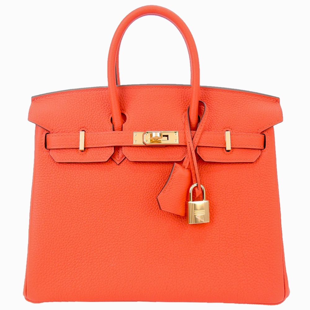 HERMES BIRKIN Togo牛皮柏金包( 25CM/9T火焰橘紅/金釦)