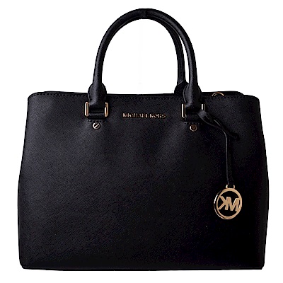 MICHAEL KORS SAVANNAH金字LOGO防刮牛皮三層手提/斜背包-黑