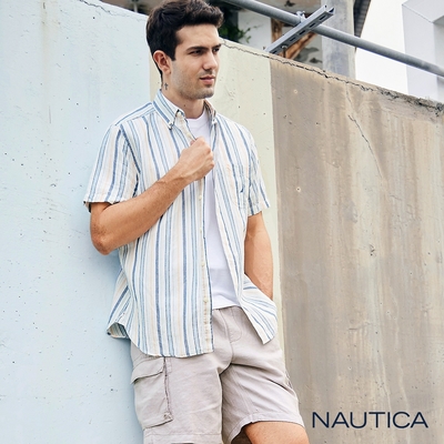 Nautica 男裝 夏日清新直條紋短袖襯衫-白色